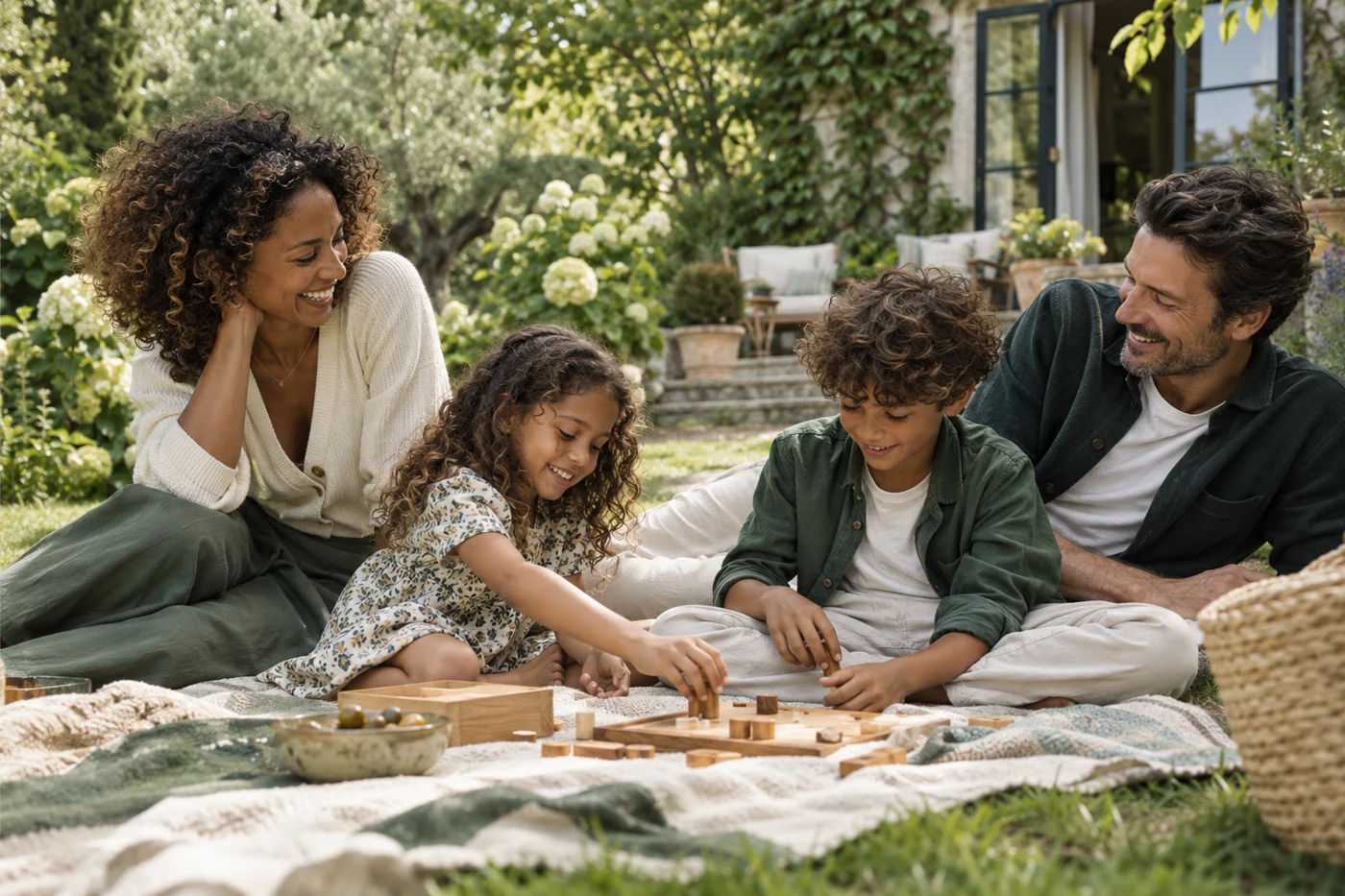 Une famille partage un moment dans un jardin